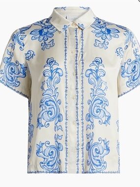 Johnny Was Jade Short-Sleeve Blouse with Blue Scroll Alisha Print